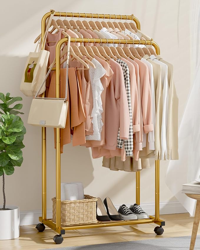 Sakugi Clothes Rack - Clothing Rack with Storage Mesh Shelf & Casters, Heavy-Duty Metal Clothing Rack for Hanging Clothes, Dr