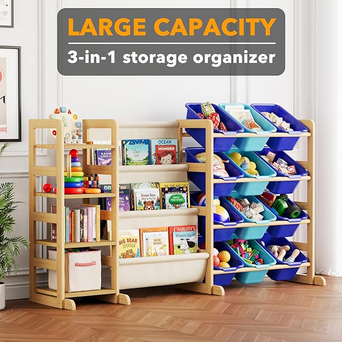 SpaceAid 3-in-1 Toy Storage Organizer with 4 Shelves and 12 Bins, Toy Organizers Storage 3-Tier Bookshelf, Kids Bin Shelf Box