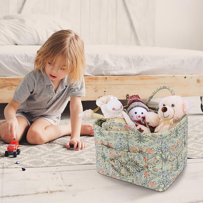 Storage Basket Boho Fabric Large Collapsible Floral Laundry Nursery Hamper Portable Folding Storage for Clothes Toys (Light G