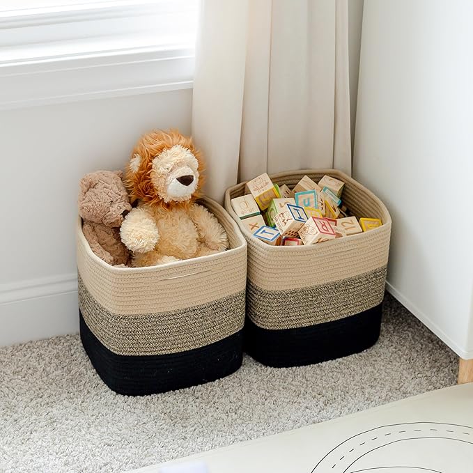 NaturalCozy Storage Cubes 11 Inch Cotton Rope Woven Baskets for Organizing, 3-Pack | Cube Storage Bin | Square Storage Basket