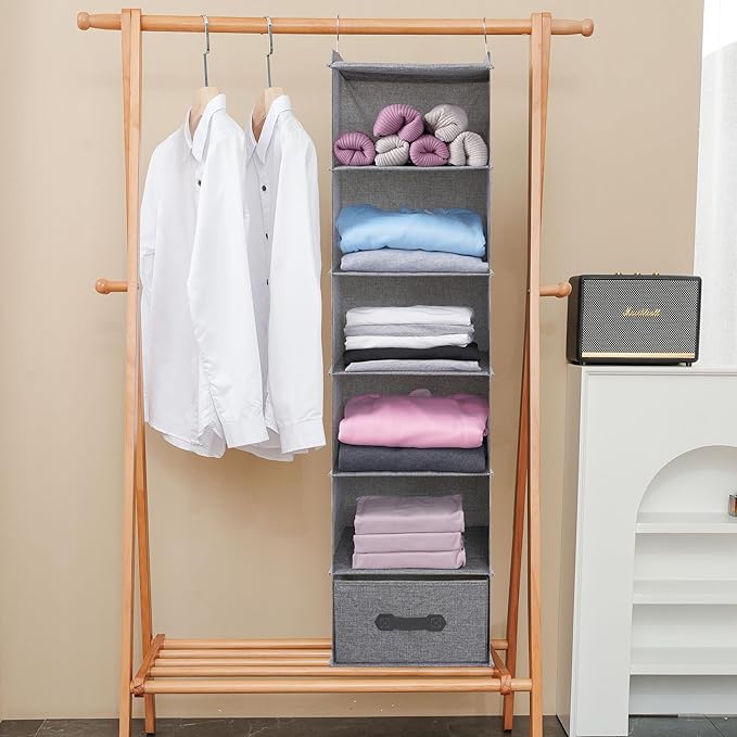 Large Hanging Sweater Organizer for Closet,Collapsible 6-Shelf Hanging Closet Shelves with Drawers, Washable (Grey-6 Shelf-1 