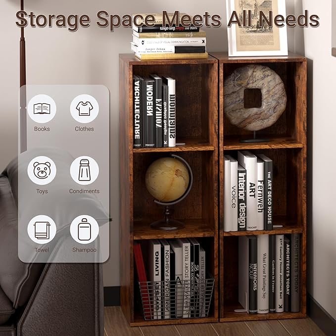 Cube Storage Organizer, 3 Cube Retro Bookshelf, Freestanding 3 Tier Open Shelf, Rustic Brown Retro Shelves for Home Office, B