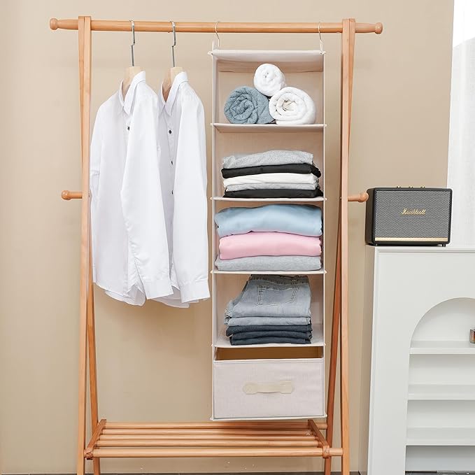 Large Hanging Sweater Organizer for Closet,Collapsible 6-Shelf Hanging Closet Shelves with Drawers, Washable (Beige -5 Shelf-