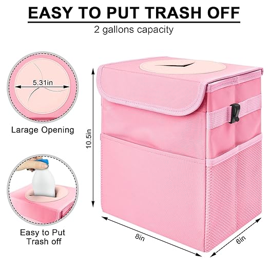 Car Trash Can Bin with Lid - Collapsible Car Garbage Can with Storage Pockets-Pink Mini Leakproof Vehicle Trash Bag-Small Automotive Organizers and Storage for Back/Front Seat SUV Truck Accessories