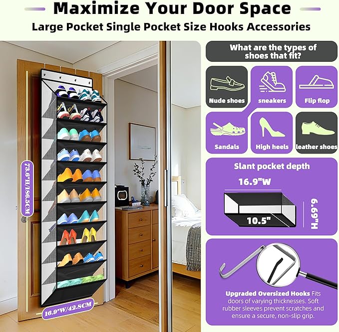 PAULONE 10-Pocket Multi-Use Over the Door Organizer, Heavy Duty 95lbs Capacity with Breathable Mesh, Versatile Hanging Storag