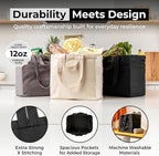 VeraMia Canvas Grocery Bag 3pc XL Set with Real Pockets, Long Shoulder Strap and Short Handle. Heavy Duty, Foldable, Washable