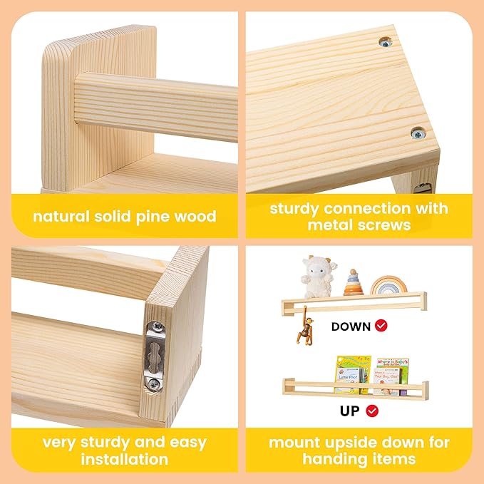 Fun Memories Nursery Book Shelves - Rustic Natural Solid Wood Floating Bookshelf for Kids - Wall Book Shelves for Kids Room (
