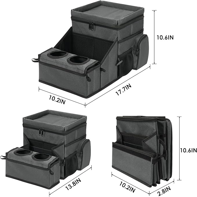Car Seat Organizer, Backseat Car Organizer with Cup Holder Tray and Storages for Kids and Adults, Portable Travel Cooler for Car for Front or Back Seat Passenger Organizer Ccompartment (Grey)
