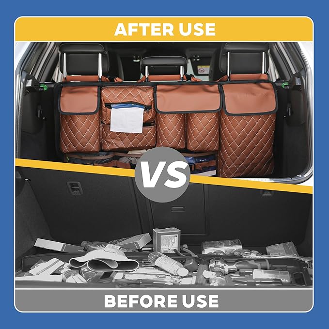 Backseat Hanging Organizer with Large Storage Bags | PU Leather, Large Capacity | Adjustable Straps, Waterproof & Collapsible |