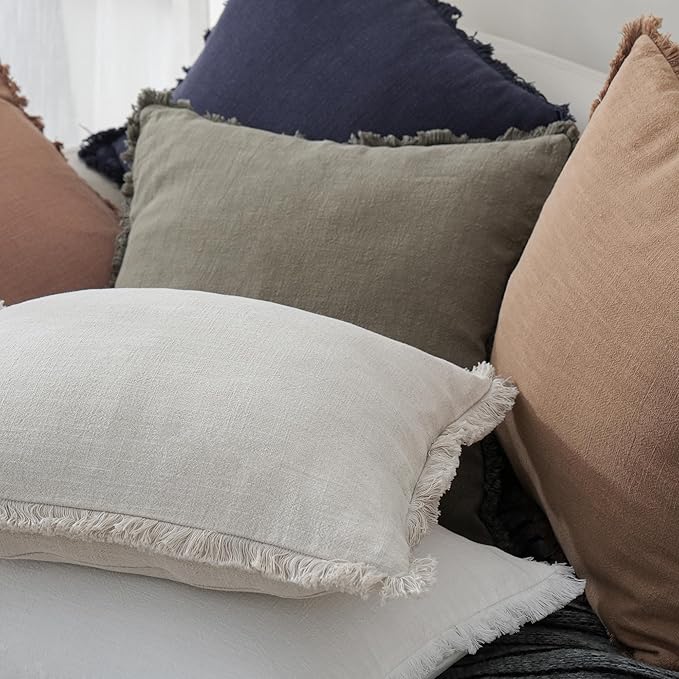 Foindtower Set of 2 Decorative Linen Fringe Lumbar Throw Pillow Covers Boho Farmhouse Cushion Cover with Tassels Cozy Accent 