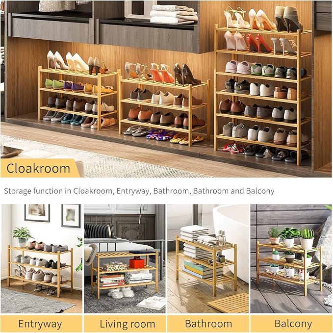3-Tier Bamboo Shoe Rack for Entryway, Stackable | Heavy Duty | Multi-Function, Free Standing Shoe Racks for Bedroom Hallway C