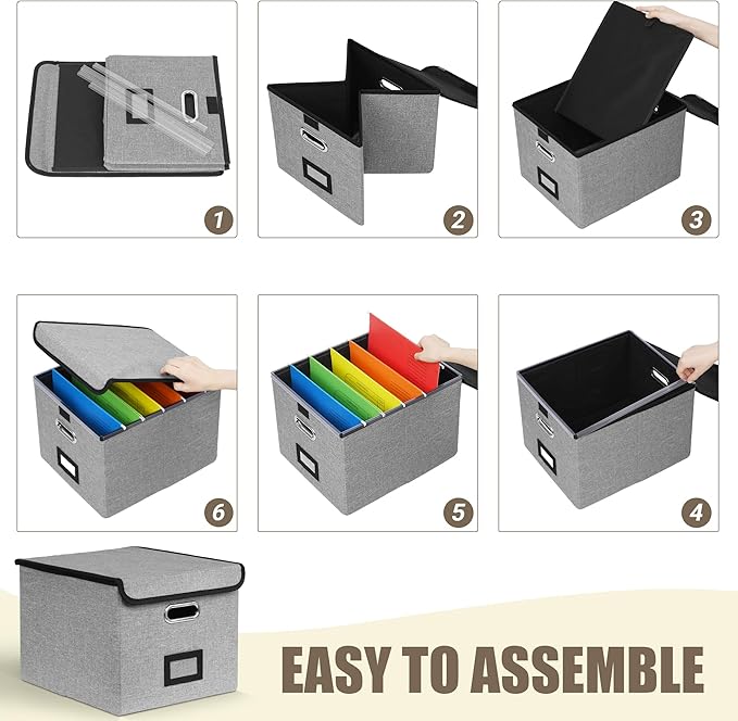 2Pack File Storage Organizer with 10 Hanging Folders & Plastic Slide, Collapsible Linen File Box with Lid for Office, Home, M