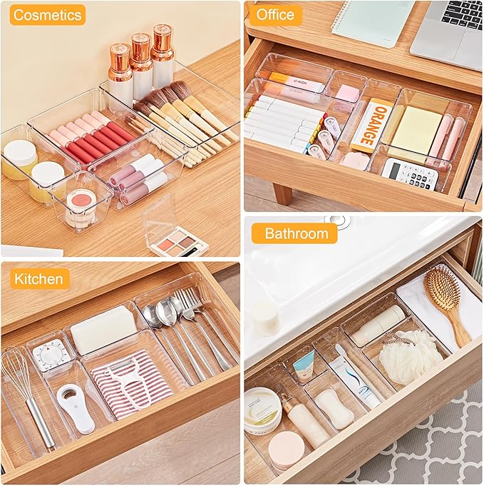 SMARTAKE 22-Piece Drawer Organizer with Non-Slip Silicone Pads, 5-Size Clear Desk Drawer Organizer Trays Storage Tray for Mak