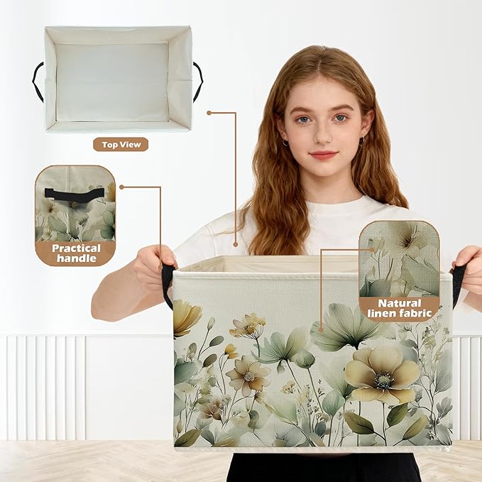 Rustic Floral Storage Box Bins, Sage Green Beige Cottagecore Wildflower Collapsible Storage Basket Organizer for Bedroom Nurs