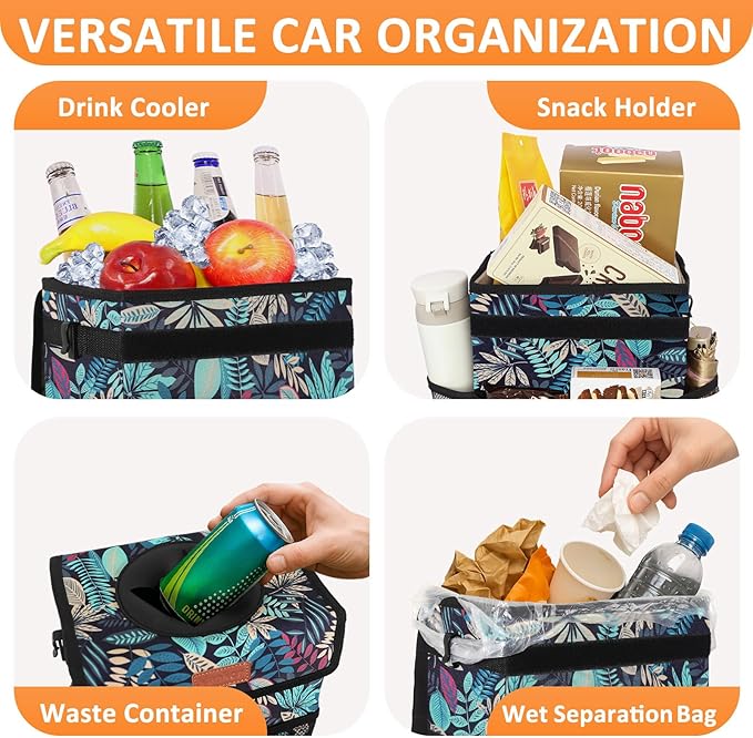 3 Gallons Car Trash Can with Lid, Bag Bin Hanging Waterproof Automotive Car Garbage Cans Leak Proof Vehicle Trash Can for Truck SUV,Colorful Leaves