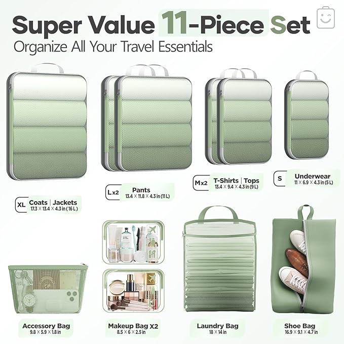 Veken 11 Set Compression Packing Cubes for Travel Essentials,Compressible Expandable Large Luggage Suitcase Organizer Bags fo