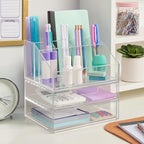 STORi Chloe Stackable Makeup Holder & Drawer Organizer Set, Clear, BPA-Free Plastic, Made in USA, Organize Brushes, Cosmetics
