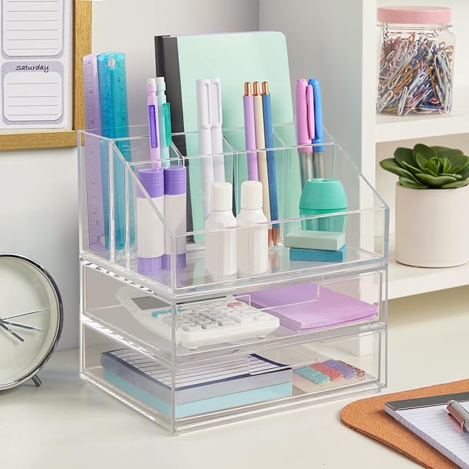 STORi Chloe Stackable Makeup Holder & Drawer Organizer Set, Clear, BPA-Free Plastic, Made in USA, Organize Brushes, Cosmetics