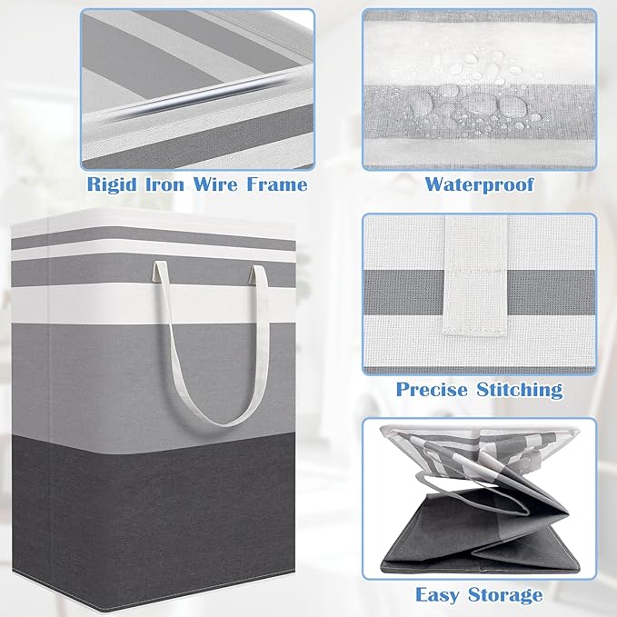 BlissTotes 3-Pack Laundry Basket, Freestanding＆Waterproof Laundry Hamper, Collapsible Tall Clothes Hamper with Easy Carry Han