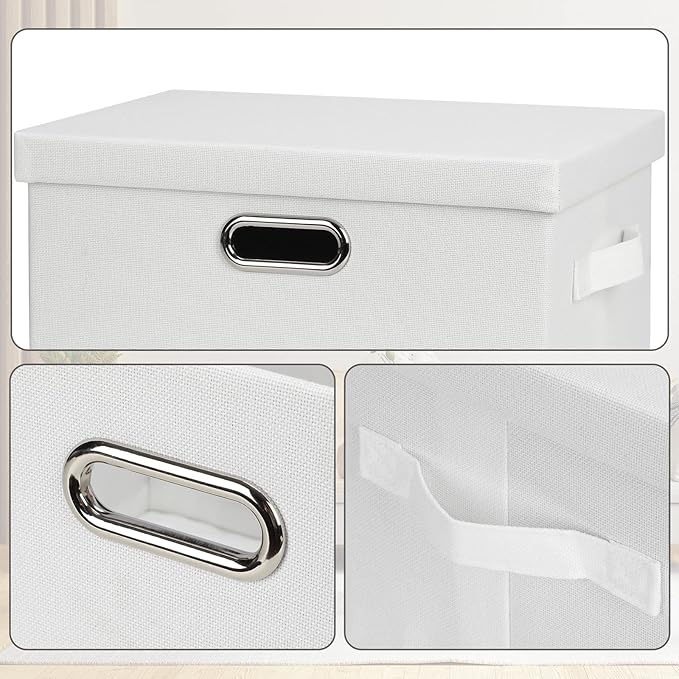 Graciadeco Medium 15" 21 Quart Collapsible Stackable Storage Bins with Lids, 3 Packs White Foldable Fabric Closet Boxes Heavy