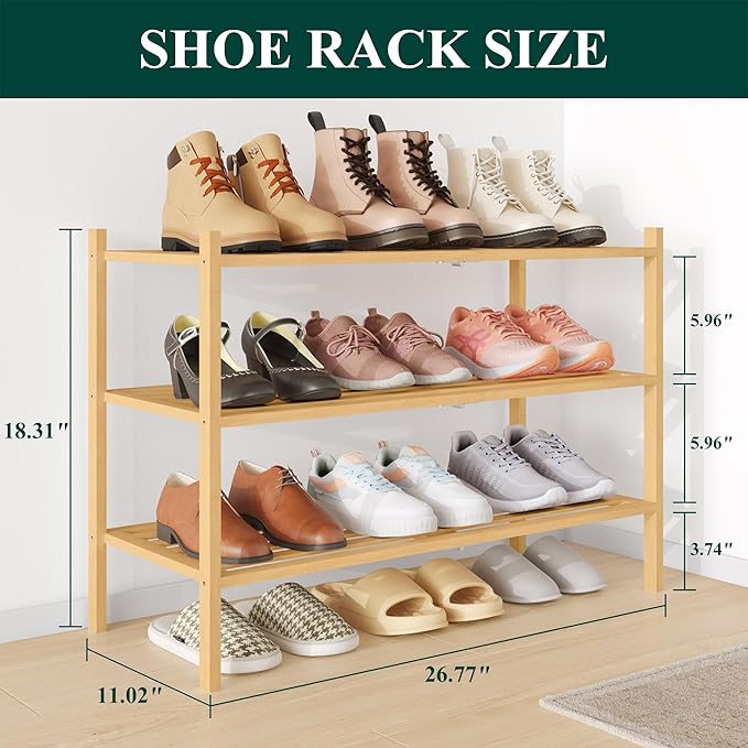 Smiry Bamboo Shoe Rack 3-Tier, Stackable Wooden Shoe Organizer for Entryway & Closet, Free Standing Wood Shoe Storage Shelf f
