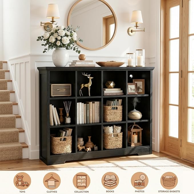 Aheaplus Wooden 12-Cube Storage Organizer with Charging Ports, Modern Cube Bookcase with Base, 4-Tier Floor Standing Open Cub