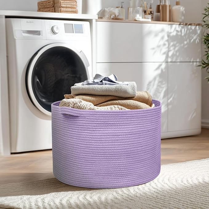 MEGASKET 115L Extra Large Purple Storage Basket, 23.6" X 15.7" Jumbo Woven Cotton Rope Bin for Throw Blankets Pillows, Baby L