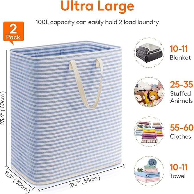 Lifewit 2 Pack Laundry Basket 100L Each, Collapsible Clothes Hamper with Reinforced Handles, Freestanding Waterproof Design f
