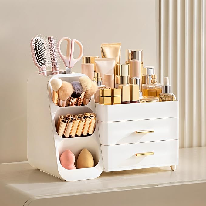 HBlife Makeup Organizer with Brush Holder for Vanity, Large Plastic Bathroom Countertop Organizer Skin Care Storage, Easy to 