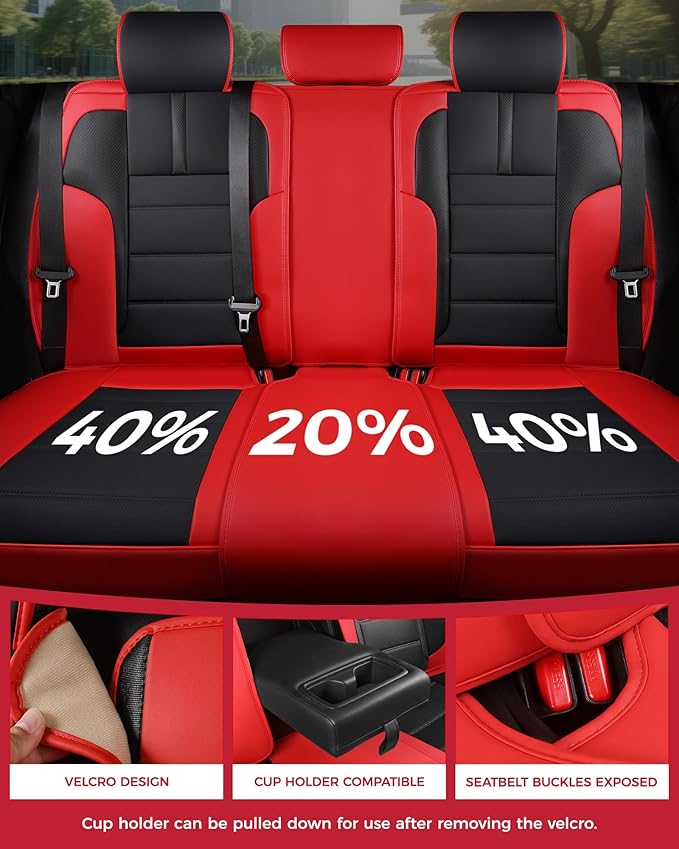 FREESOO Red Black Car Seat Covers Full Set - Faux Nappa Leather Seat Covers for Cars, with Front Seatbelt Pads, Breathable In