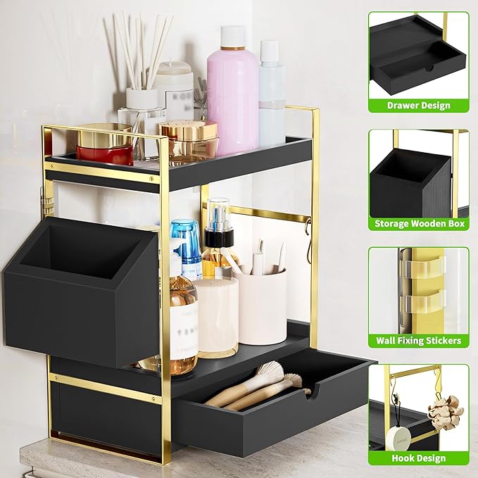 2-Tier Bathroom Counter Organizer with Drawer and Basket, Wood Countertop Organizer for Storage, Skincare Organizers for Vani