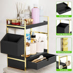 2-Tier Bathroom Counter Organizer with Drawer and Basket, Wood Countertop Organizer for Storage, Skincare Organizers for Vani