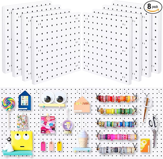 8Pcs Pegboard Wall Organizer Panels, White Pegboard Wall Mount for Craft Room, Garage, Kitchen, Living Room, Bathroom, and St