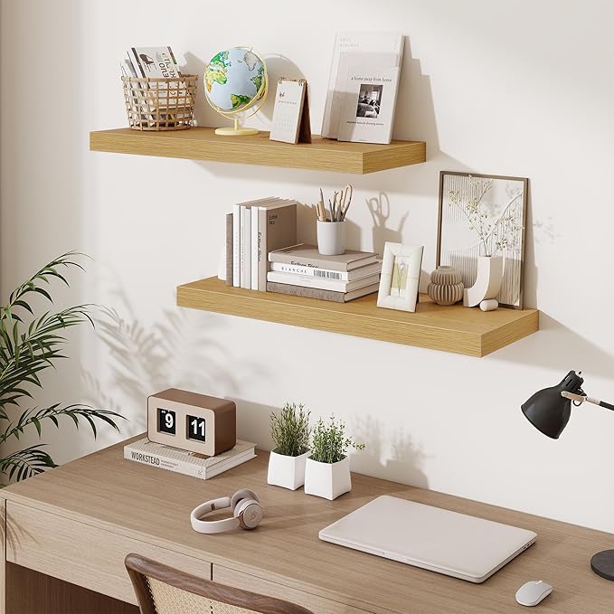 Fun Memories 32 x 10 Floating Shelves Wall-Mounted - Rustic Wood Shelf - 10 Inch Deep Floating Shelves for Wall - Large Stora