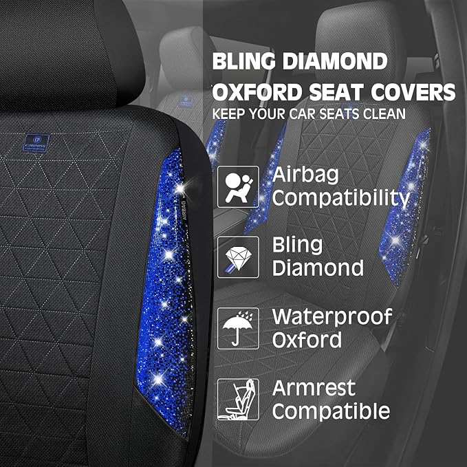 CAR PASS Oxford Bling Diamond Car Seat Covers 2 Front Interior Sets, Waterproof Shining Glitter Sparkly Crystal Universal Arm