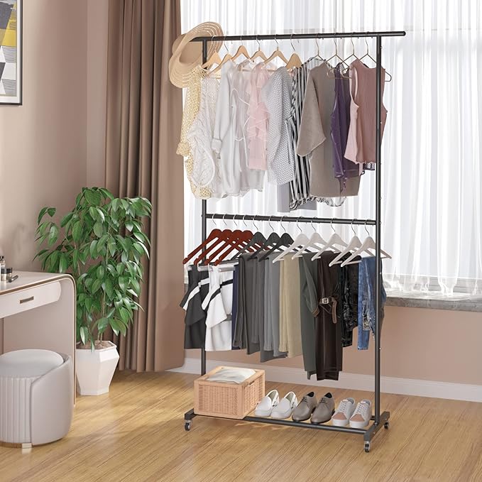 Sywhitta Double Rod Clothing Garment Rack, Rolling Clothes Organizer on Wheels for Hanging Clothes, Easy to Assemble, Adjusta
