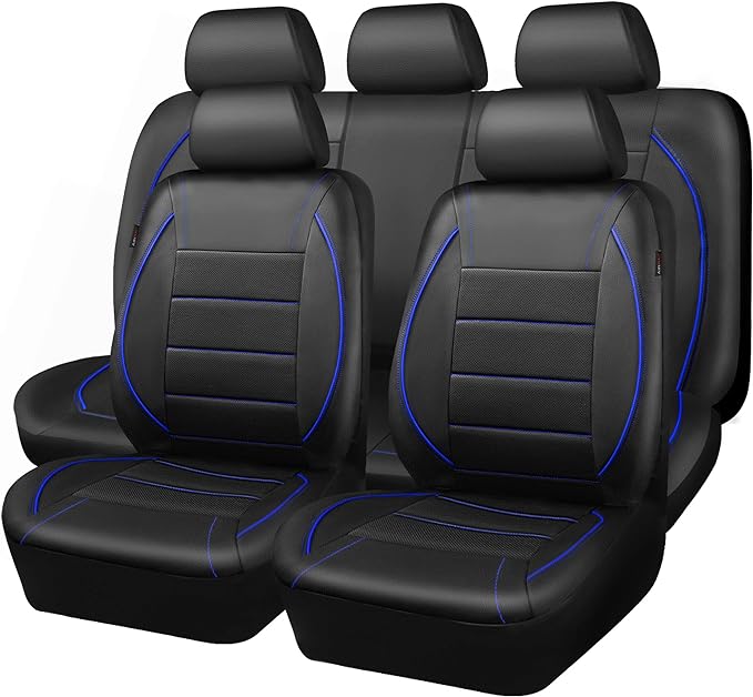 CAR PASS Universal FIT Piping Leather Car Seat Cover, for suvs,Van,Trucks,Airbag Compatible,Inside Zipper Design and Reserved Opening Holes (Full Set, Black and Blue)