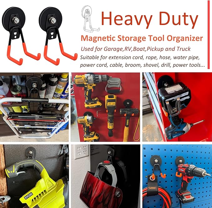 ULIBERMAGNET Heavy Duty Magnetic Garage Hook,10 Pack Strong Large Magnet Hooks for Power Drill,Garden Tools,Hose,Pegboard,Gar
