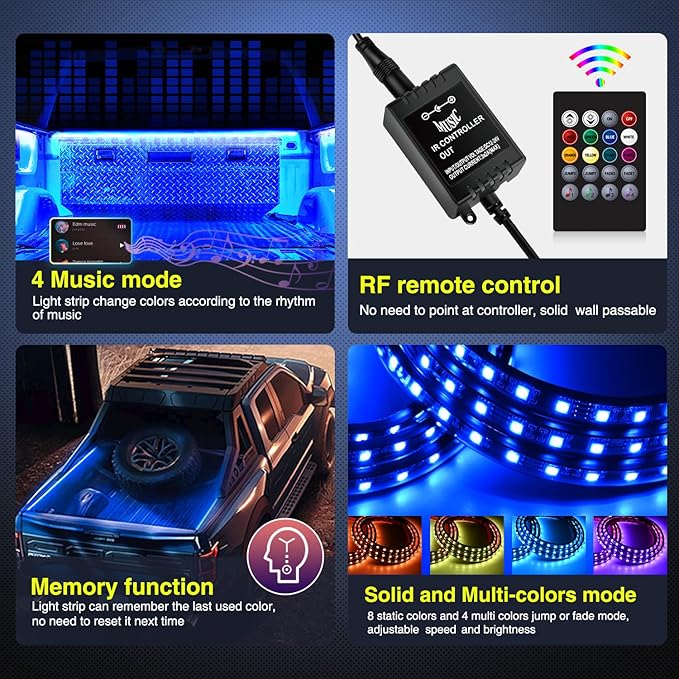 Nilight 3PCS 60 Inch RGB Truck Bed Light Strip Kit 270 LED Neon Accent LED with RF Remote On Off Switch Splitter Extension Cable for Cargo Pickup Truck Camper RV SUV Boat