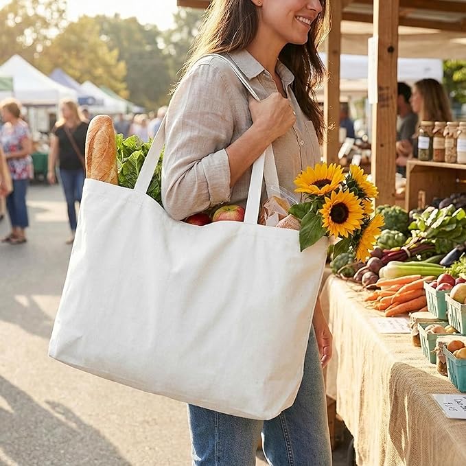Extra Large Canvas Tote Bag - Big Reusable Grocery Shopping Heavy Duty Foldable