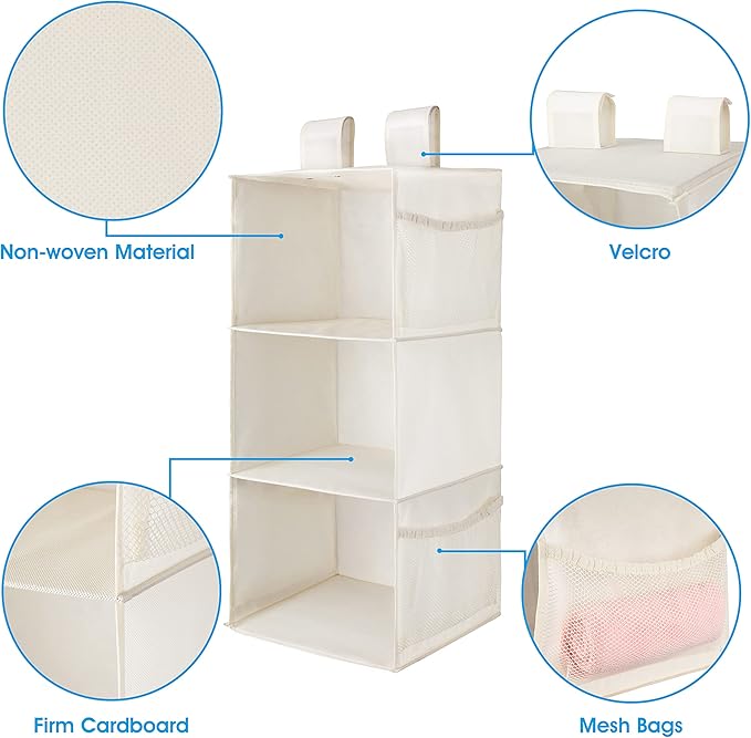 MAX Houser 3-Shelf Hanging Closet Organizer, Hanging Sweater Organizer, Foldable Hanging Shelves for Closet with 2 Velcro, Be