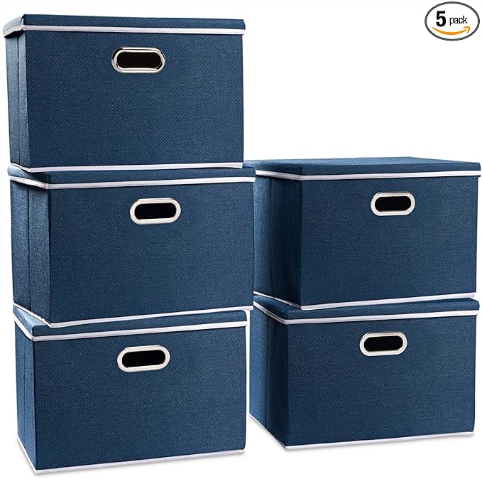 PRANDOM Large Collapsible Storage Bins with Lids [5-Pack] Fabric Foldable Storage Boxes Organizer Containers Baskets Cube wit
