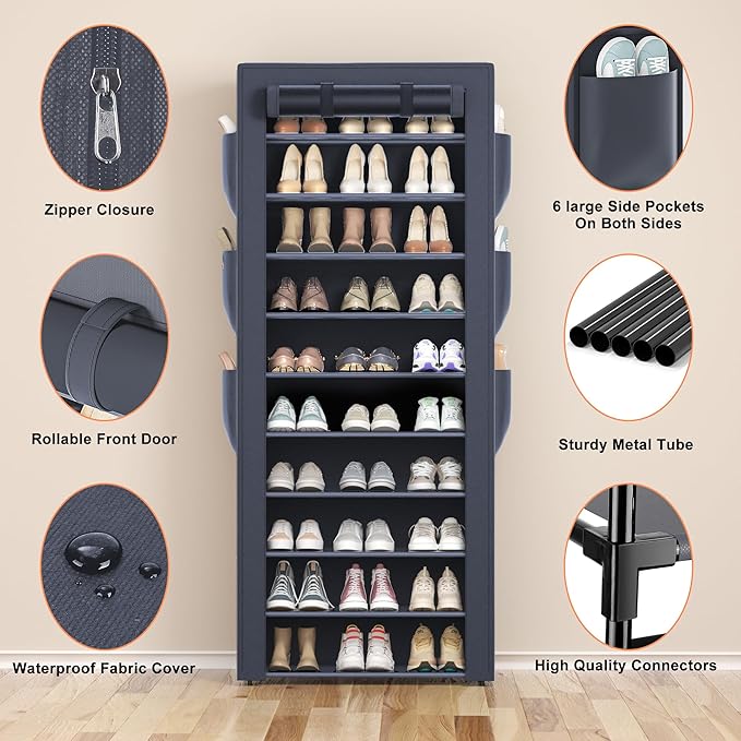 OYREL Shoes Rack 10 Tier Tall Shoe Rack with Storage Pockets, Fabric Covered Shoe Racks,Metal Shoes Rack Organizer for Closet