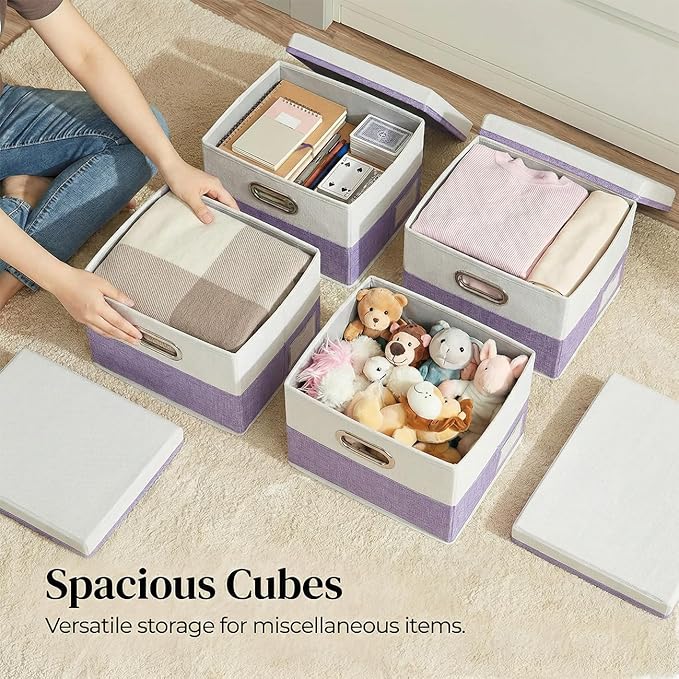 PRANDOM Storage Bins with Lids [3-Pack] Linen Fabric Foldable Storage Boxes Organizer Containers Baskets Cube with Cover for 