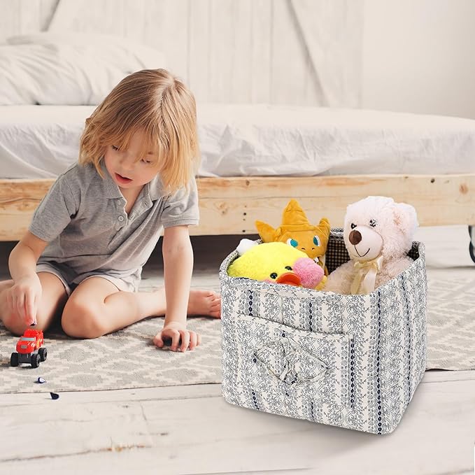 Storage Basket Boho Fabric Large Collapsible Floral Laundry Nursery Hamper Portable Folding Storage for Clothes Toys (Vine-Bl