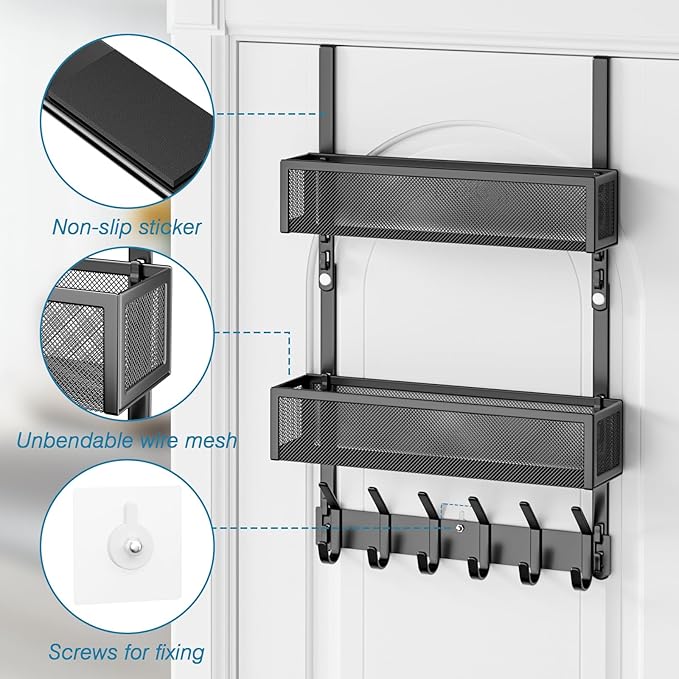 Over The Door Hooks Organizer, Over The Door Towel Rack with 12 Coat Hooks and 2 Mesh Basket, Bathroom Door Organizer Back of