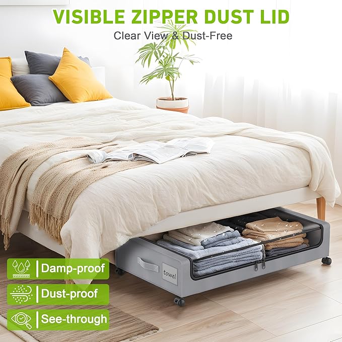 Under Bed Storage with Wheels, 4-Pack Under the Bed Storage Containers with Clear Lids & Label, Underbed Storage Bins, XXL 60