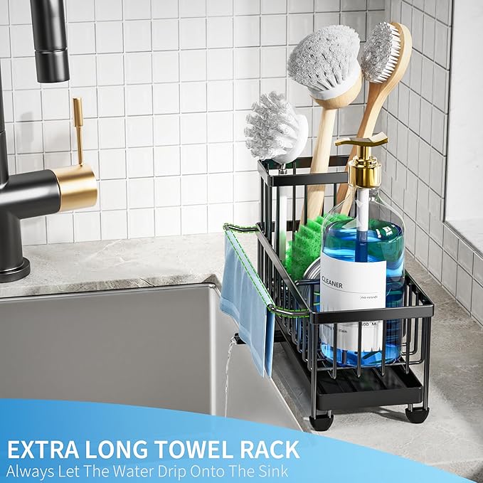 Cisily Sponge Holder for Kitchen Sink, Sink Caddy Organizer with High Brush Holder, Kitchen Countertop Organizers and Storage