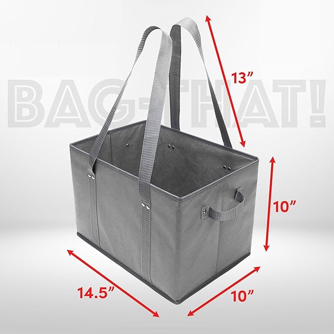BAG-THAT! 4pk Reusable Grocery Bags Shopping Bags Tote Box Large Heavy Duty Groceries Bag Handles Foldable Reinforced Bottom (Gray)