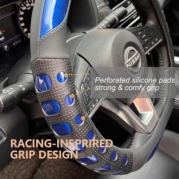 PINCTROT D Shaped Race Grip Steering Wheel Cover, Anti Slip Silicone Perforated Design with Soft Touch Padding, Enhanced Grip for Sporty Driving Flat Bottom 14.5-15 Inch (Racing Blue)